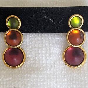GLOWING GLASS CABOCHON GOLD TONE TRIPLE DROP POST EARRINGS MULTI COLOR NEW